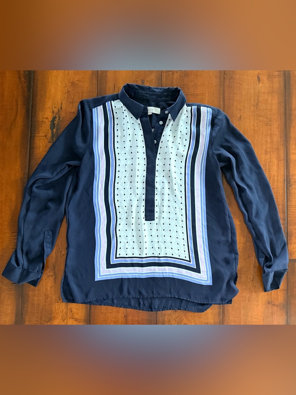 LOFT Navy Button-Front Shirt with White Panel and Blue Stripe Accents